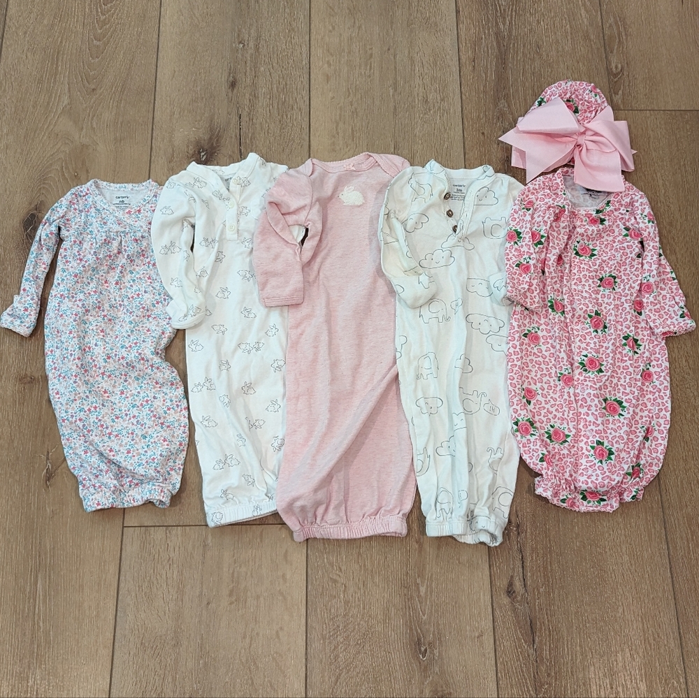 Newborn 3m Lot Mud pie gown + Hat Carter's Girls Pink Floral Bunny Bow Sleepers